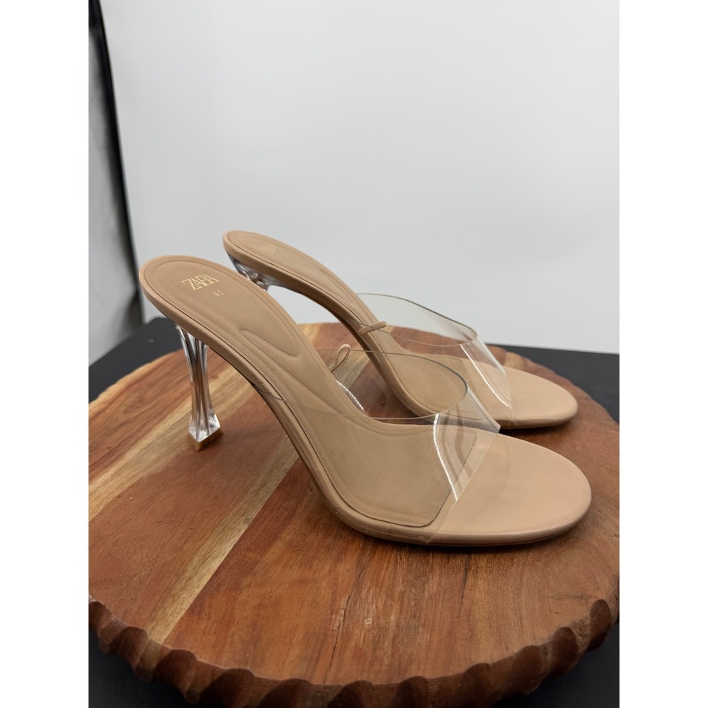 Zara‎ Vinyl Heeled Mules Women 41 Tan Clear Architectural Strap Sandals 3314/110